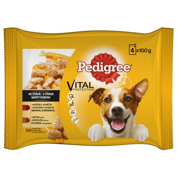 Pedigree KAPSY pro psy s hovězím a jehněčím & s krůtou a mrkví ve šťávě MULTIPACK 4x100g