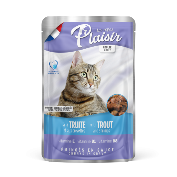 Plaisir cat KAPSA pro dospělé i sterilizované kočky pstruh + krevety v omáčce 100 g