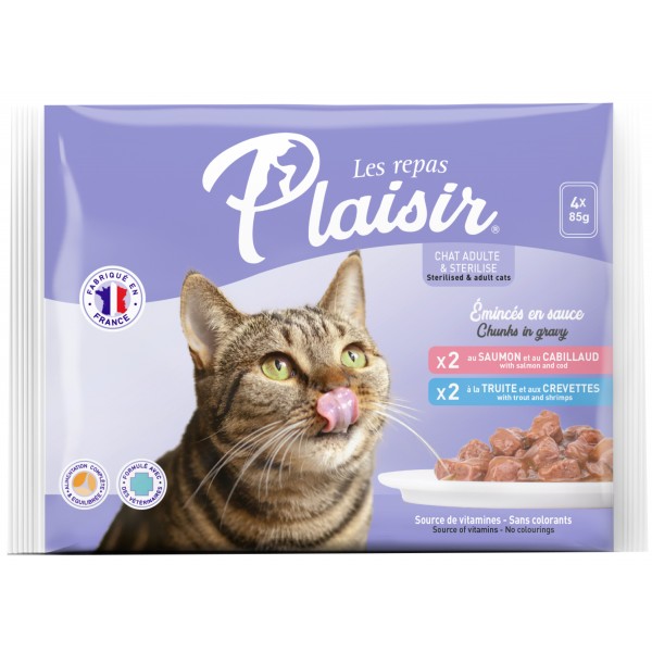 Plaisir cat KAPSA MULTIPACK pro dospělé i sterilizované kočky 4x 85 g / 2x losos + 2x pstruh