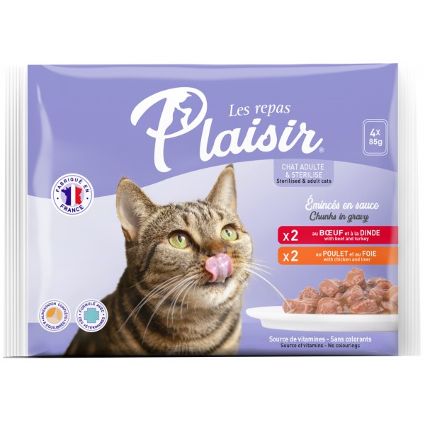 Plaisir cat KAPSA MULTIPACK pro dospělé i sterilizované kočky 4x 85 g / 2x hovězí + 2x kuře